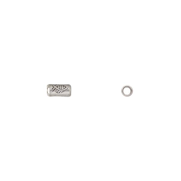 Bead, Hill Tribes, antiqued sterling silver, 5x3mm tube with fish design. Sold per pkg of 10. image number 0