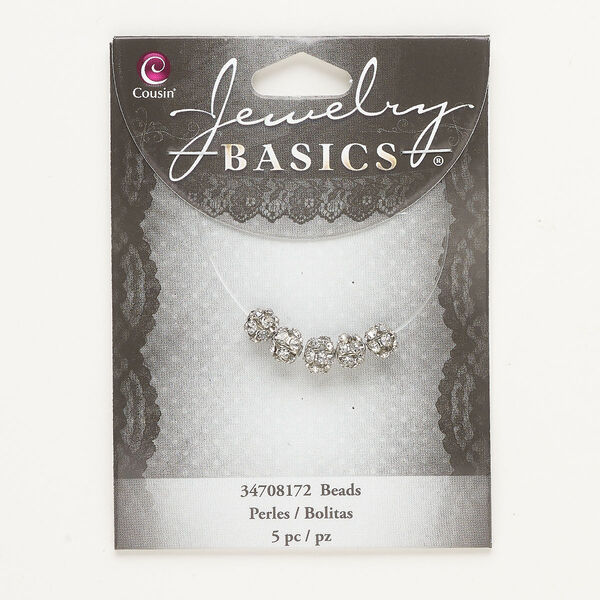 Bead, silver-finished brass and glass, clear, 6mm round. Sold per pkg of 5. image number 0
