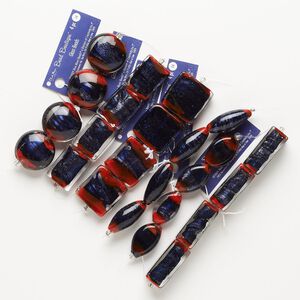 Bead, lampworked glass, clear / red / blue, assorted. Sold per pkg of (6) 4-piece sets.