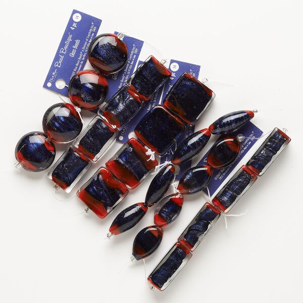 Bead, lampworked glass, clear / red / blue, assorted. Sold per pkg of (6) 4-piece sets. image number 0