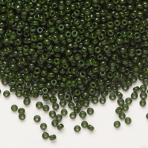 Seed bead, Miyuki, glass, pkg/25g, #11 rocaille, opaque outside dyed olive green, (RR-1488). image number 0