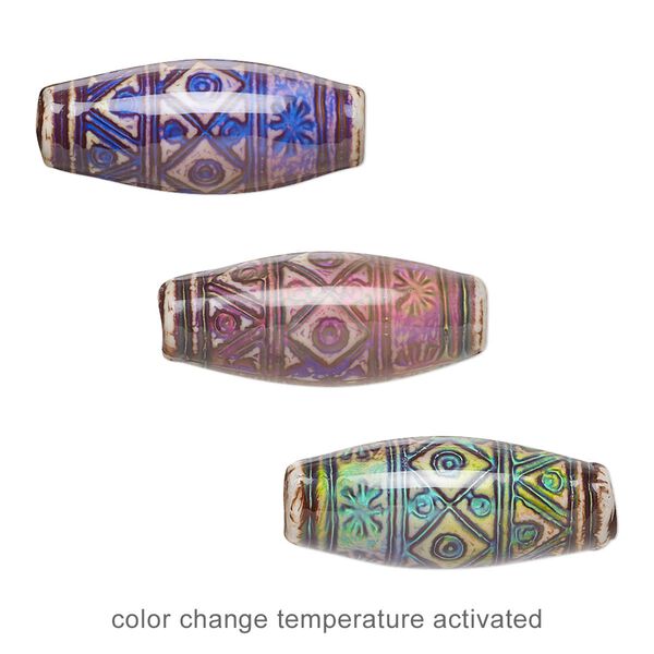 Bead, acrylic, multicolored, 22x9mm color-changing oval tube with fancy design. Sold per pkg of 2. image number 0
