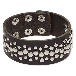 Bracelet, leather (dyed) with imitation rhodium-plated steel and "pewter" (zinc-based alloy), black, 30mm wide with round studs, adjustable from 6 to 7-1/2 inches with double snap closure. Sold individually.
