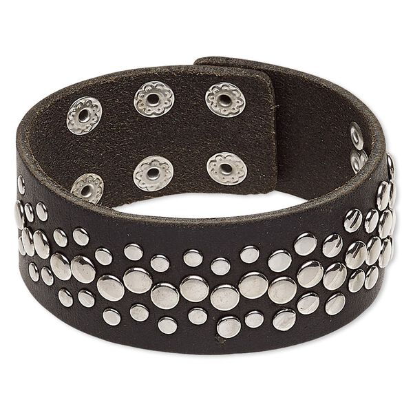 Bracelet, leather (dyed) with imitation rhodium-plated steel and "pewter" (zinc-based alloy), black, 30mm wide with round studs, adjustable from 6 to 7-1/2 inches with double snap closure. Sold individually. image number 0