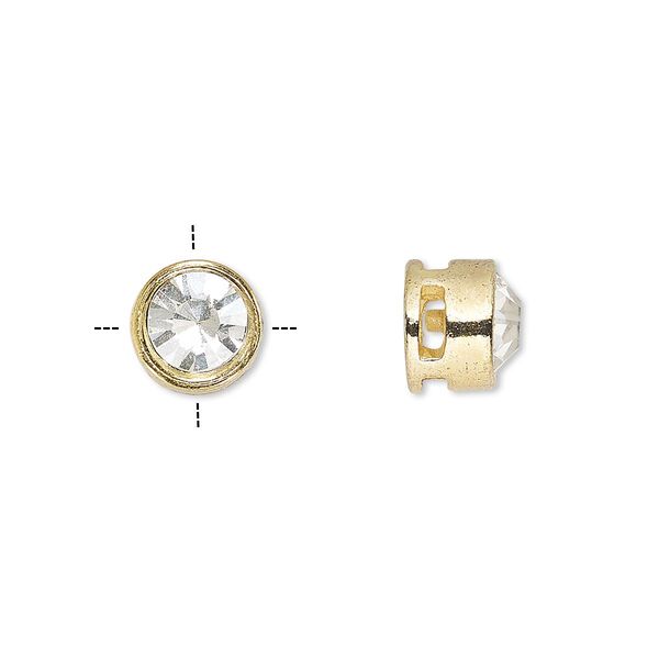 Spacer, glass rhinestone and gold-finished "pewter" (zinc-based alloy), clear, 9x8mm cross-drilled round with 7mm chaton. Sold per pkg of 6. image number 0