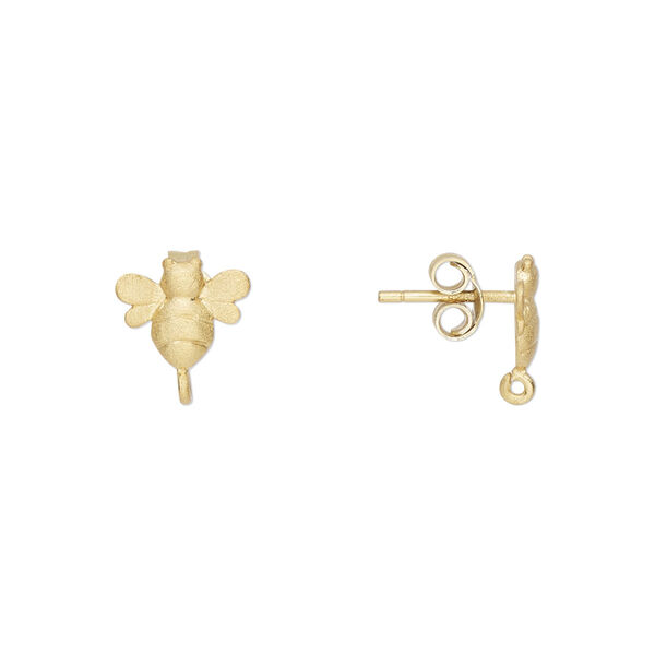 Earstud, Amoracast®, brushed "vermeil" (gold-finished sterling silver), 9x8mm bee with loop. Sold per pair. image number 0