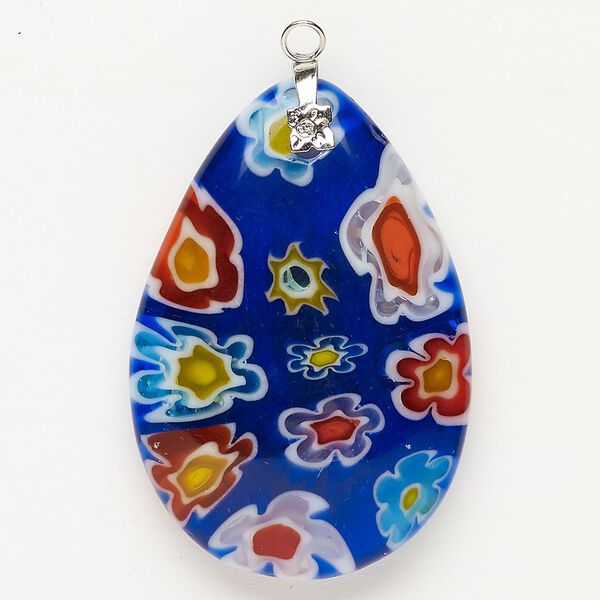 Focal 1pkg1 silver-finished steel and millefiori glass, translucent and transparent cobalt blue and multicolored, 44x30mm-46x32mm puffed teardrop. image number 0