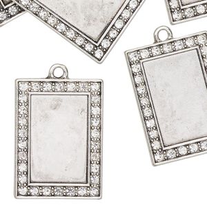 Drop, antique silver-finished "pewter" (zinc-based alloy) and glass, clear, 26x19mm rectangle with 18.5x12mm rectangle setting. Sold per pkg of 6.