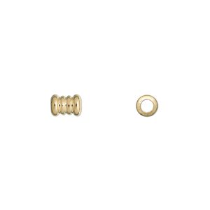 Bead, gold-plated brass, 6.5x4.5mm ribbed tube. Sold per pkg of 100.