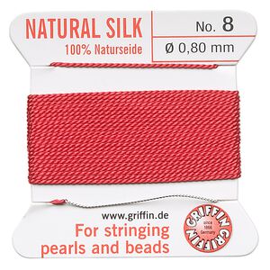 Thread, Griffin, silk, red, size #8. Sold per 2-meter card (approximately 78 inches).