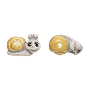 Bead, glazed ceramic, grey/tan/black, 17x12mm hand-painted snail. Sold per pkg of 2.