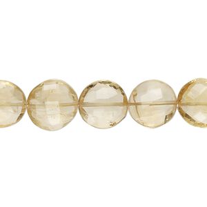 Citrine 1pkg1, hand-cut checkerboard-faceted puffed flat round bead 8 inch 10-12mm