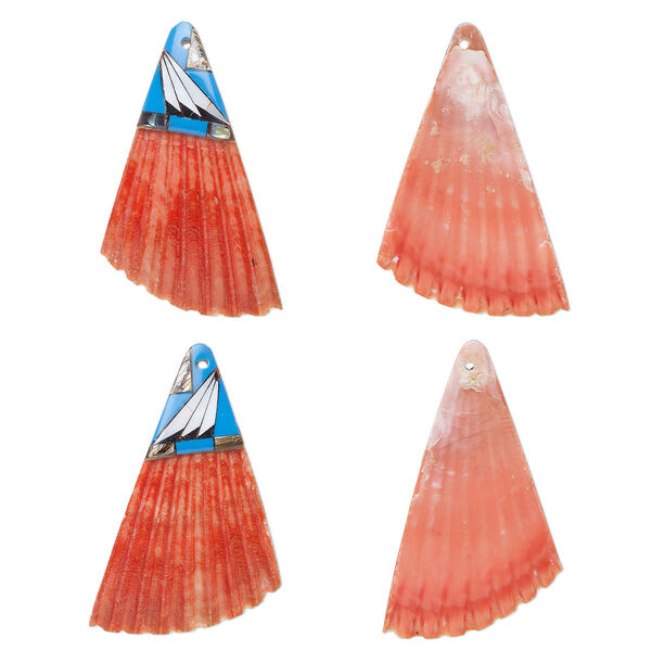 Focal, sea scallop shell / multi-shell / resin (dyed/assembled), red / medium blue / multicolored, 50x33mm single-sided right- and left-facing half shells, Mohs hardness 3-1/2. Sold per pkg of 2. image number 0