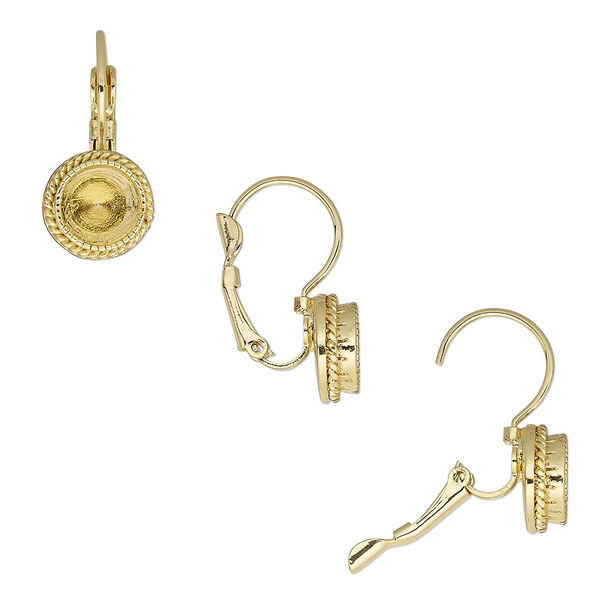 Ear wire, Almost Instant Jewelry®, gold-plated "pewter" (zinc-based alloy), 25.5mm leverback with rope edge and SS34 round setting. Sold per pair. image number 0