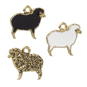 Charm, enamel and antique gold-plated pewter (tin-based alloy), white and black, 18x16mm two-sided sheep. Sold per 2-piece set.