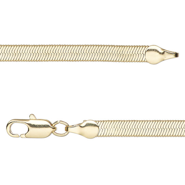 Chain, gold-finished brass, 4mm herringbone, 24 inches with lobster claw clasp. Sold individually. image number 0