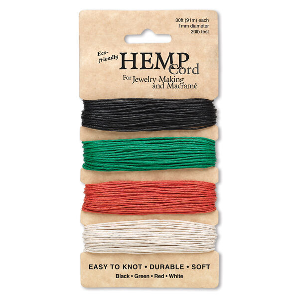 Cord, Hemptique®, hemp, assorted Christmas colors, 1mm diameter, 20-pound test. Sold per pkg of (4) 30-foot sections. image number 0