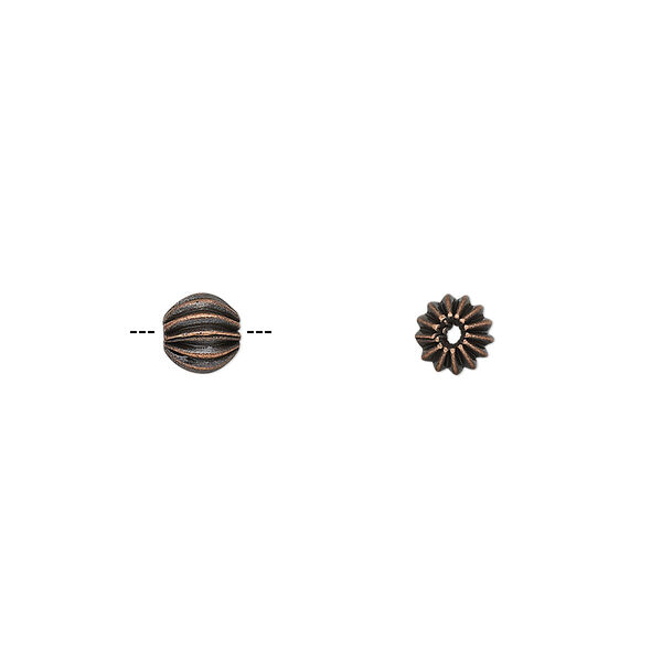 Bead, antique copper-plated brass, 5mm fluted round. Sold per pkg of 20. image number 0