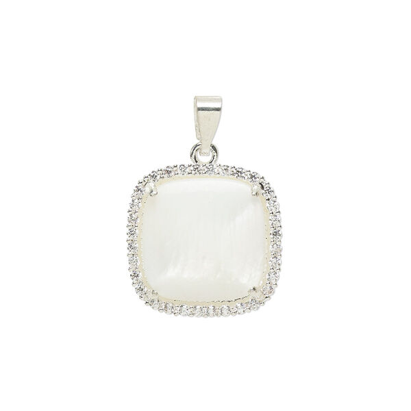 Pendant, glass rhinestone / mother-of-pearl shell / silver-finished brass, clear and white, 17mm single-sided square. Sold individually. image number 0