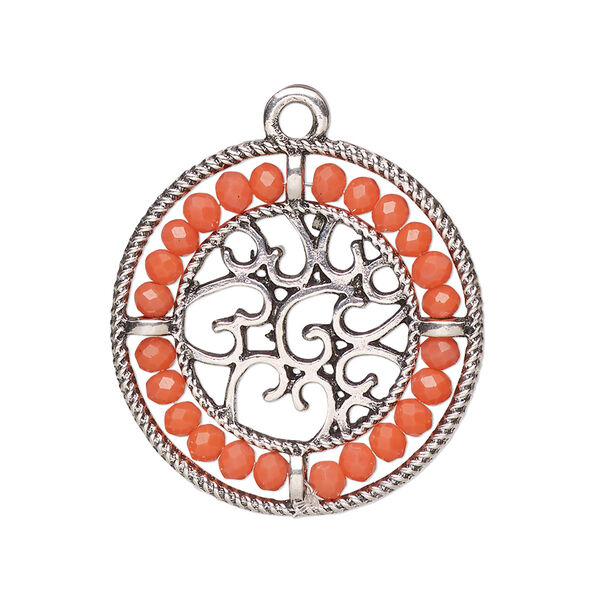 Drop, glass and antique silver-finished "pewter" (zinc-based alloy), salmon pink, 28mm round with hearts and beaded border. Sold per pkg of 2. image number 0