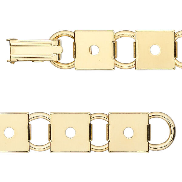 Bracelet component 1pkg1, gold-plated steel, (12) 10mm square link settings, 7 inches with fold-over clasp. image number 0