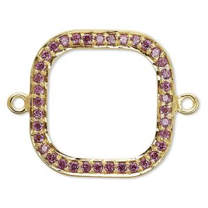 Link, garnet (natural) and gold-finished sterling silver, 20x20mm single-sided open square. Sold individually.