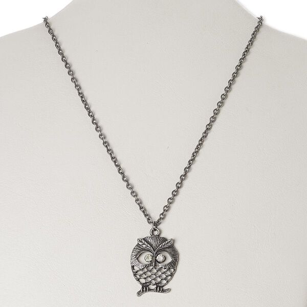 Necklace, glass rhinestone with antique silver-finished steel and "pewter" (zinc-based alloy), clear, 36x28mm owl, 18 inches with 3-inch extender chain and lobster claw clasp. Sold individually. image number 0