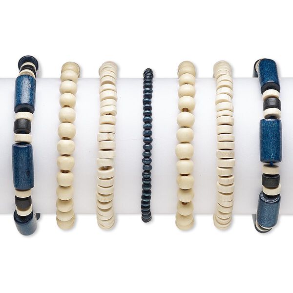 Bracelet, stretch, wood (natural) and painted wood, black and dark blue, 4x3mm-20x9mm assorted shape, 6-1/2 inches. Sold per pkg of 7. image number 0