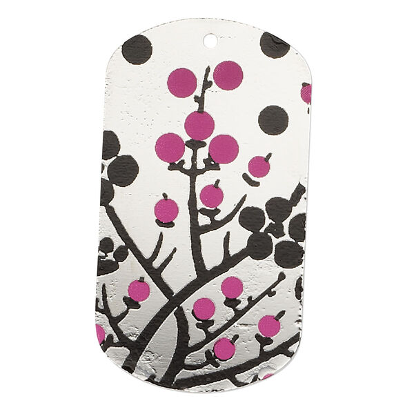 Focal, imitation rhodium-finished carbon steel, black and pink, 40x22mm single-sided dog tag with cherry blossom design. Sold per pkg of 2. image number 0
