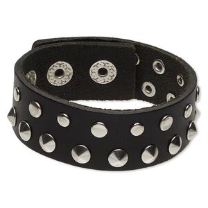 Bracelet, leather (dyed) with imitation rhodium-plated steel and "pewter" (zinc-based alloy), black, 22mm wide with round studs, adjustable from 5-1/2 to 6-1/2 inches with snap closure. Sold individually.