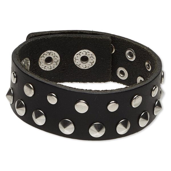 Bracelet, leather (dyed) with imitation rhodium-plated steel and "pewter" (zinc-based alloy), black, 22mm wide with round studs, adjustable from 5-1/2 to 6-1/2 inches with snap closure. Sold individually. image number 0