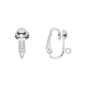 Earring clip-on 1pkg100 silver-plated, 16mm hinged / 5mm half-ball / open loop, steel 50 pair