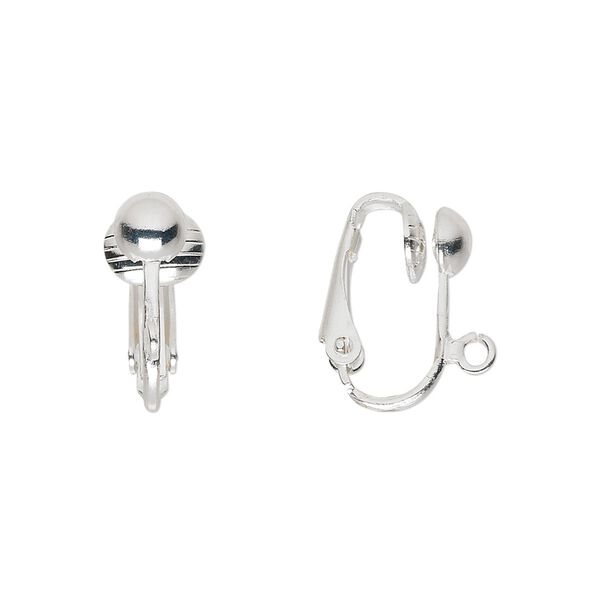 Earring clip-on 1pkg100 silver-plated, 16mm hinged / 5mm half-ball / open loop, steel 50 pair image number 0