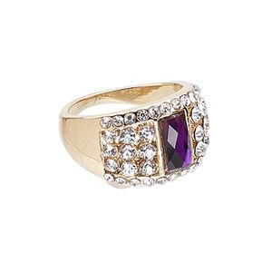 Ring, Czech glass rhinestone / glass rhinestone / gold-finished "pewter" (zinc-based alloy), clear and purple, 14mm wide, size 9. Sold individually.