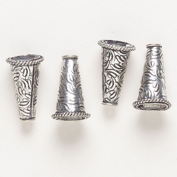 Cone, silver-finished "pewter" (zinc-based alloy), 21x13mm cone with swirls and rope edges. Sold per pkg of 4. image number 0