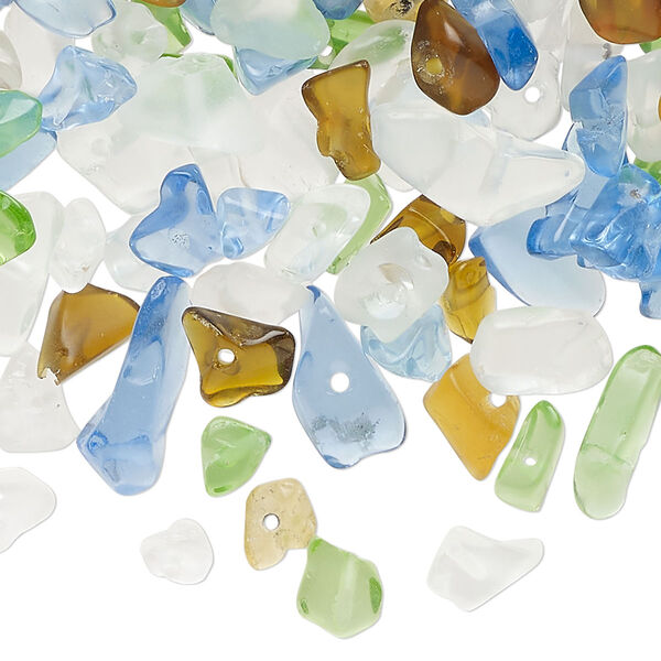 Bead, glass, matte frosted translucent multicolored, small to extra-large chip. Sold per 2-ounce pkg, approximately 300 beads. image number 0