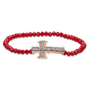 Bracelet, stretch, glass / glass rhinestone / copper plate "pewter" (zinc-based alloy), red and clear, 4x3mm faceted rondelle and 27x17mm cross, 7 inches. Sold individually.