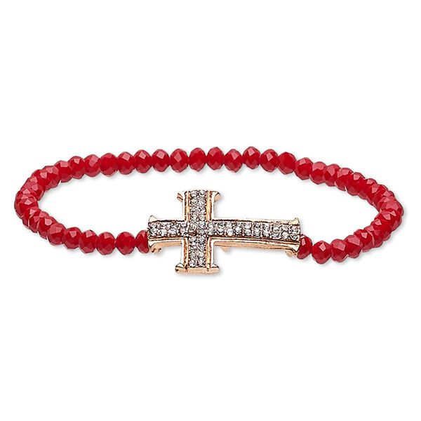 Bracelet, stretch, glass / glass rhinestone / copper plate "pewter" (zinc-based alloy), red and clear, 4x3mm faceted rondelle and 27x17mm cross, 7 inches. Sold individually. image number 0