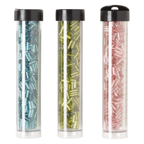 Bugle bead mix, Ming Tree™, glass, translucent silver-lined turquoise blue / lime green / pink, 1/4 inch. Sold per pkg of (3) 4 x 3/4 inch vials, approximately 2,000 beads. image number 0