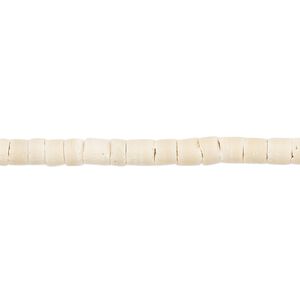 Bead, wood (bleached / waxed), white, 3-4mm hand-cut heishi. Sold per pkg of (2) 24-inch strands.