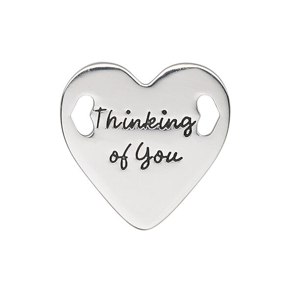 Link, antique silver-finished "pewter" (zinc-based alloy), 25.5mm single-sided flat heart with "Thinking of You." Sold individually. image number 0