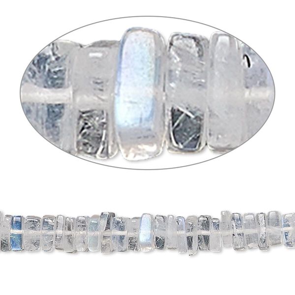 Bead, rainbow moonstone (natural), 4x1mm-6x2mm hand-cut square rondelle, B grade, Mohs hardness 6 to 6-1/2. Sold per 8-inch strand, approximately 95-150 beads. image number 0