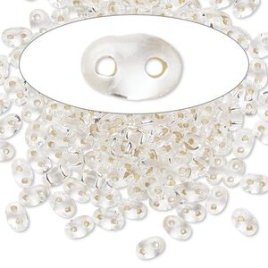 Seed bead, Preciosa Twin™ Czech glass, pkg/10g, 5x2.5mm oval, transparent silver-lined clear, (78102).