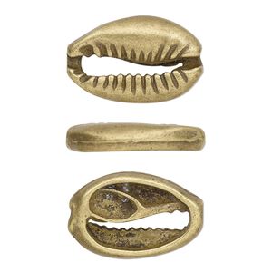 Component, antique brass-finished pewter (tin-based alloy), 19x12mm two-sided cowrie. Sold per pkg of 10.