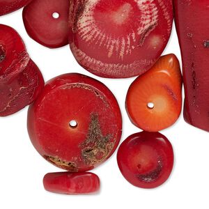 Bead mix, bamboo coral (natural / dyed), mixed colors, 10x3mm-42x18mm mixed shape, D grade, Mohs hardness 3-1/2 to 4. Sold per 1-pound pkg, approximately 90-100 beads.