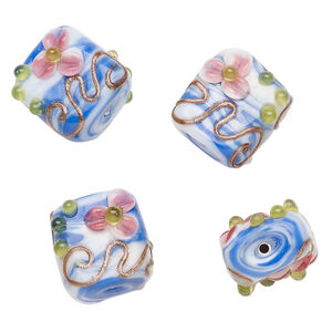 Bead, lampworked glass 1pkg4, multicolored, 19x17mm  rectangle with flowers and vine.