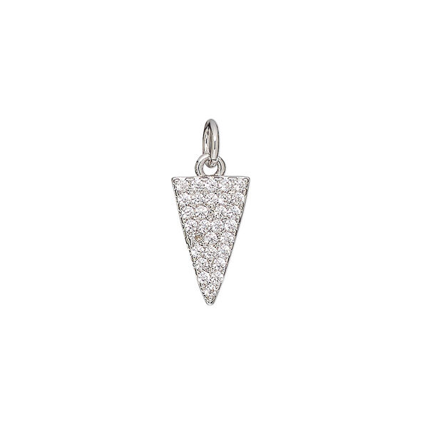 Drop, cubic zirconia and silver-finished brass, clear, 13.5x13.5x8mm single-sided triangle. Sold individually. image number 0