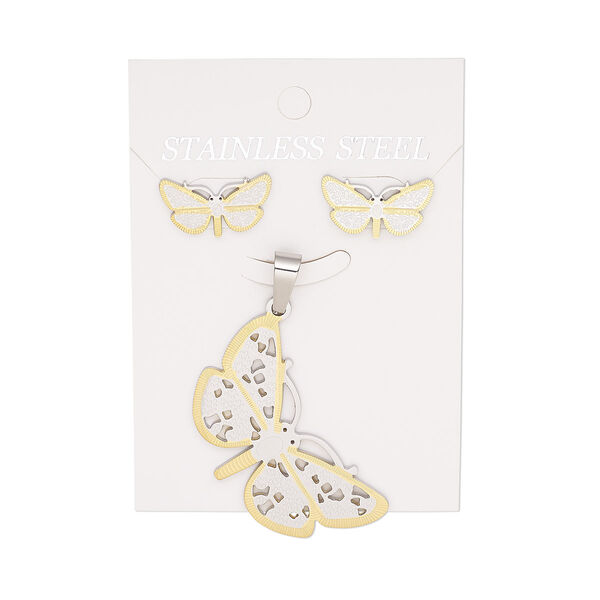 Pendant and earring, stainless steel and gold-finished stainless steel, 46x22mm butterfly pendant and 20x11mm butterfly with post. Sold per set. image number 0