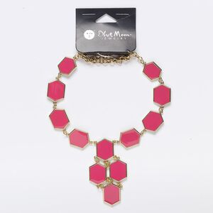 Necklace, enamel / gold-finished "pewter" (zinc-based alloy) / steel, dark pink, 24 inches with 3-inch extender chain and lobster claw clasp. Sold individually.