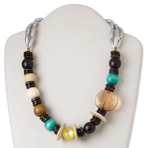 Necklace, wood / acrylic / silver-coated plastic / silver-finished brass, multicolored, 24 inches with barrel clasp. Sold individually.
